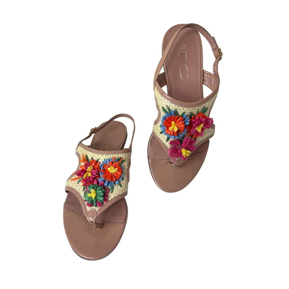 RED Valentino Sandals Women 38 Tan Good Raffia Floral Woven Slingback Thong Flat